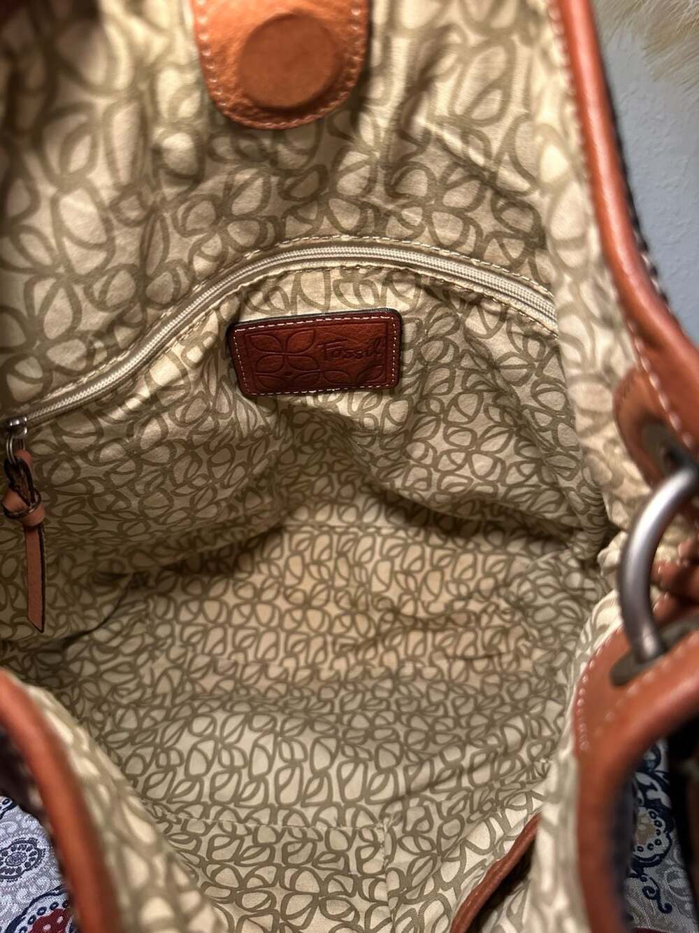 Fossil Brown Leather Hobo Shoulder Bag with Embossed Floral and Textured Details - Picture 10 of 13
